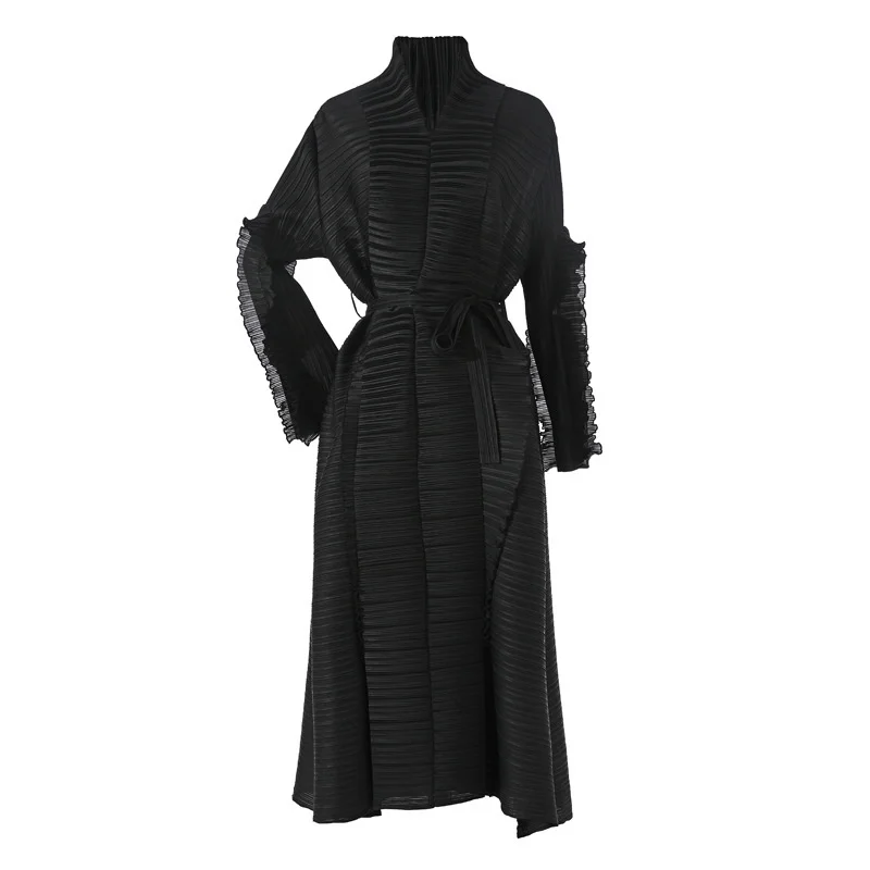 LANMREM Spliced Pleated Dress For Women V-neck Long Sleeves Designer Belt Party Dresses Patchwork Female Clothing 2024 2YA1324