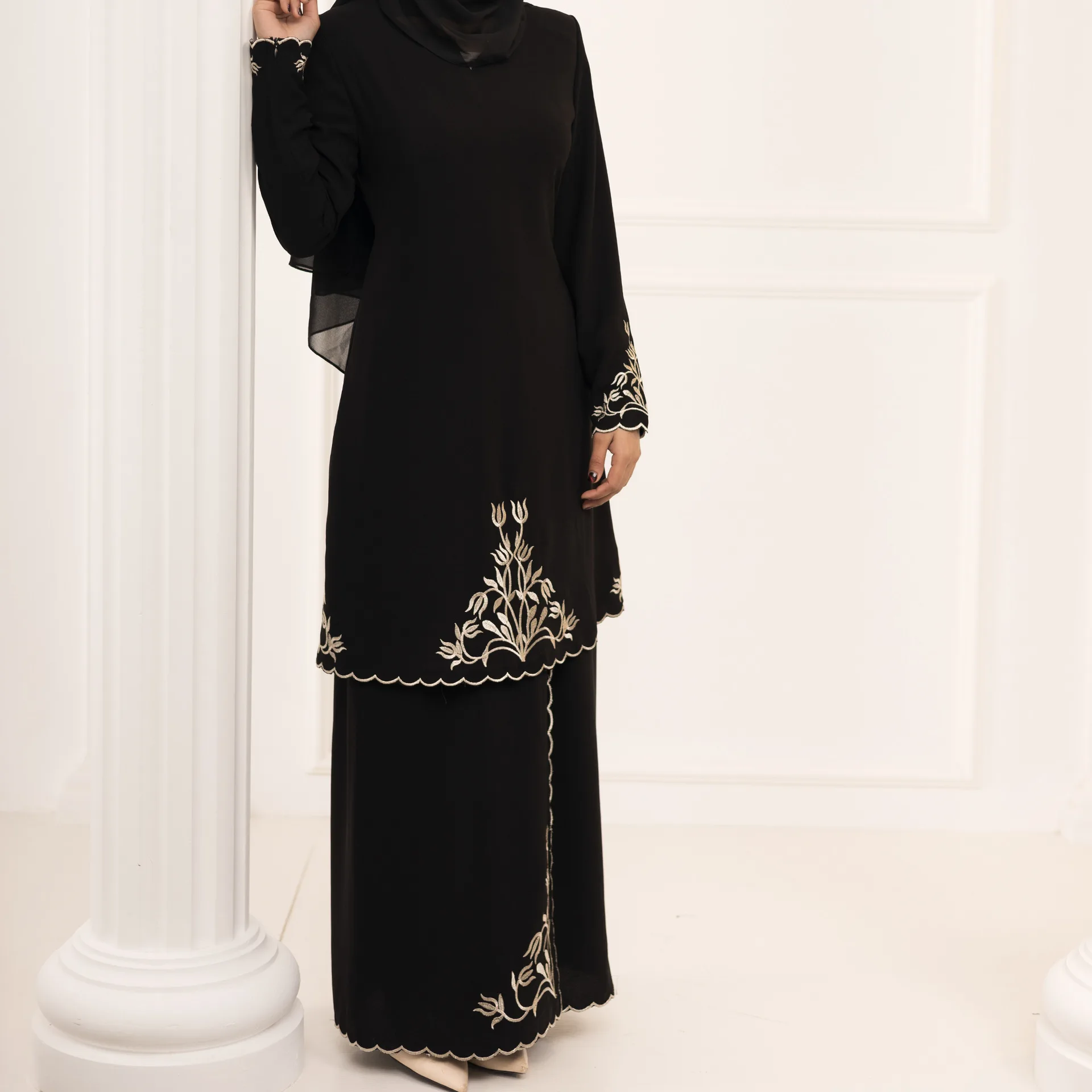 Abaya-Ensemble 2 pièces brodé pour femmes musulmanes, robe en Y assortie avec jupe, fête Kebaya malaisienne, vêtements islamiques modestes pour le