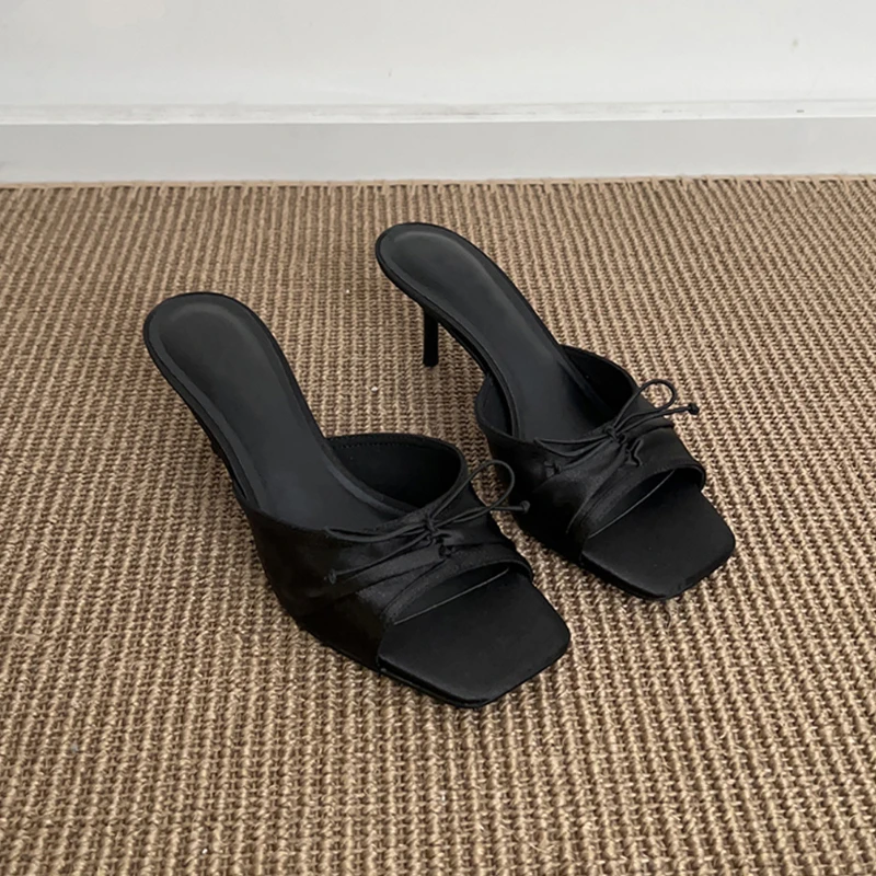 

Elegant Satin Mules High Heels Women Square Toe Bow Knot Slip On Bridal Wedding Party Dress Shoes Comfortable Evening Slippers