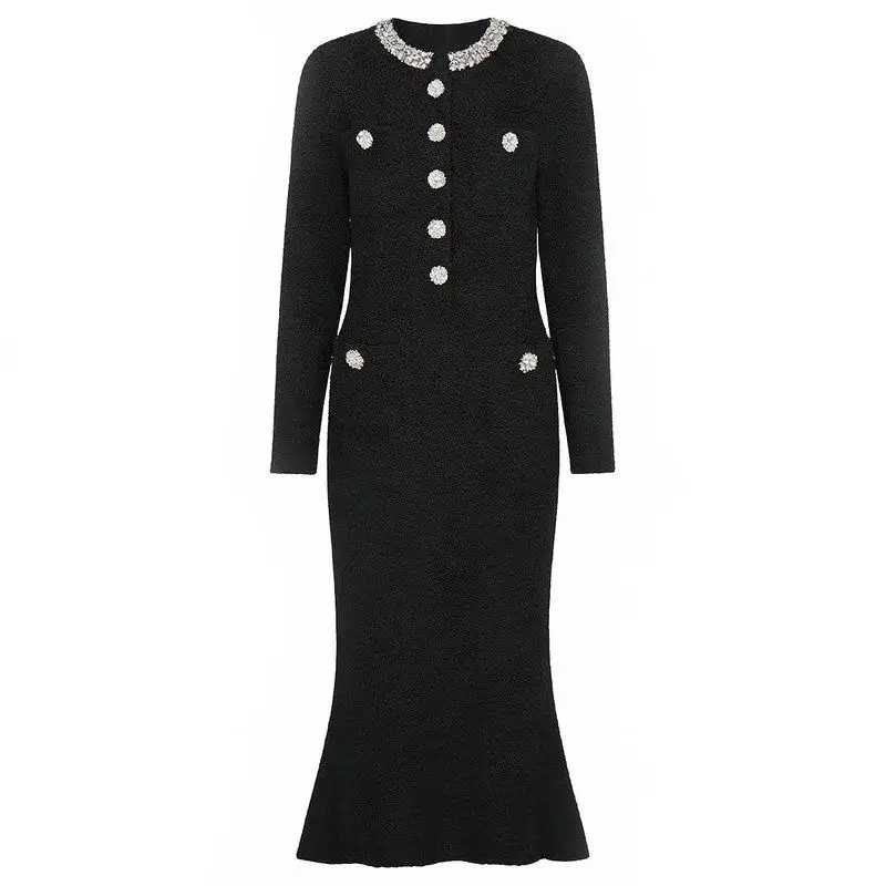 

Высококачественное вязаное платье с бриллиантовой отделкой, облегающее, женское, модное, весна-осень, новый стиль, люксовый дизайн, юбка со средней талией