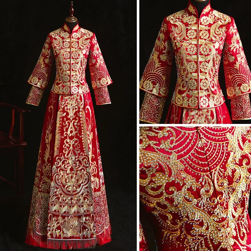 

Новое длинное платье в китайском стиле с длинными рукавами, с изображением дракона и феникса.