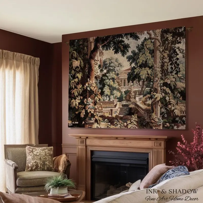 VIKAMA Vintage Palace Manor Garden Linen Tapestry European Forest Building Art Wall Hanging Living Room Bedroom Home Decor