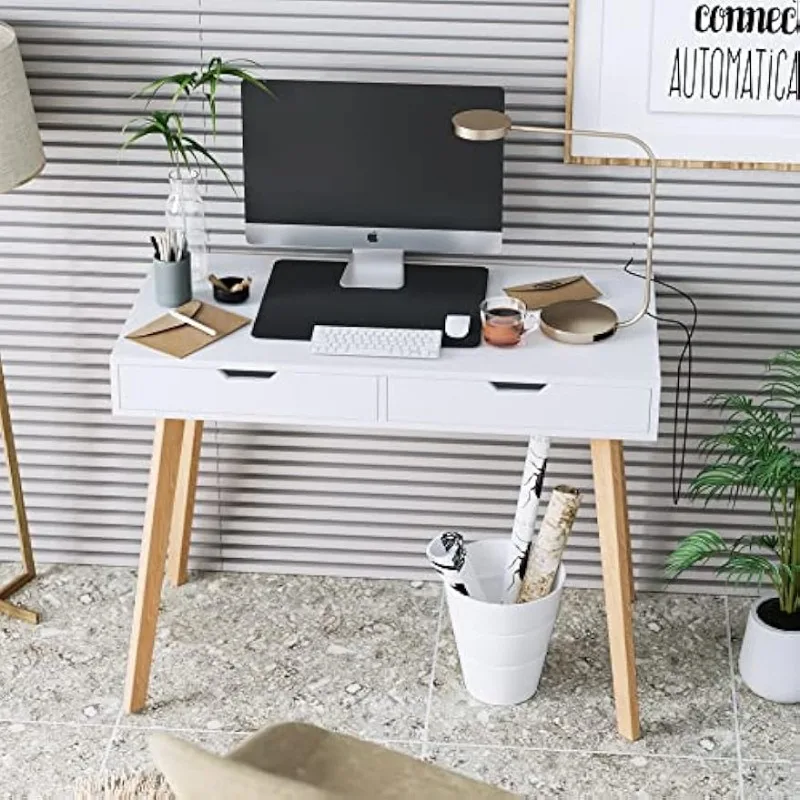 White Computer Writing Desk with 2 Drawers, Small Desk Makeup Vanity Table Wood Desk with 4 Oak Legs, Console Study Table