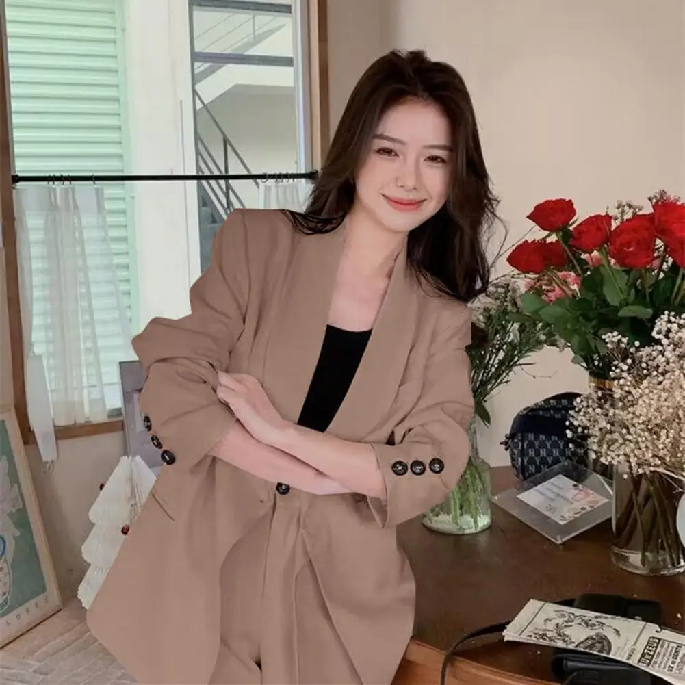 Loose Fit Suit Coat Stylish Women's Business Suit Coat Lapel Long Sleeve Side Button Lace-up Jacket with Pockets for Office