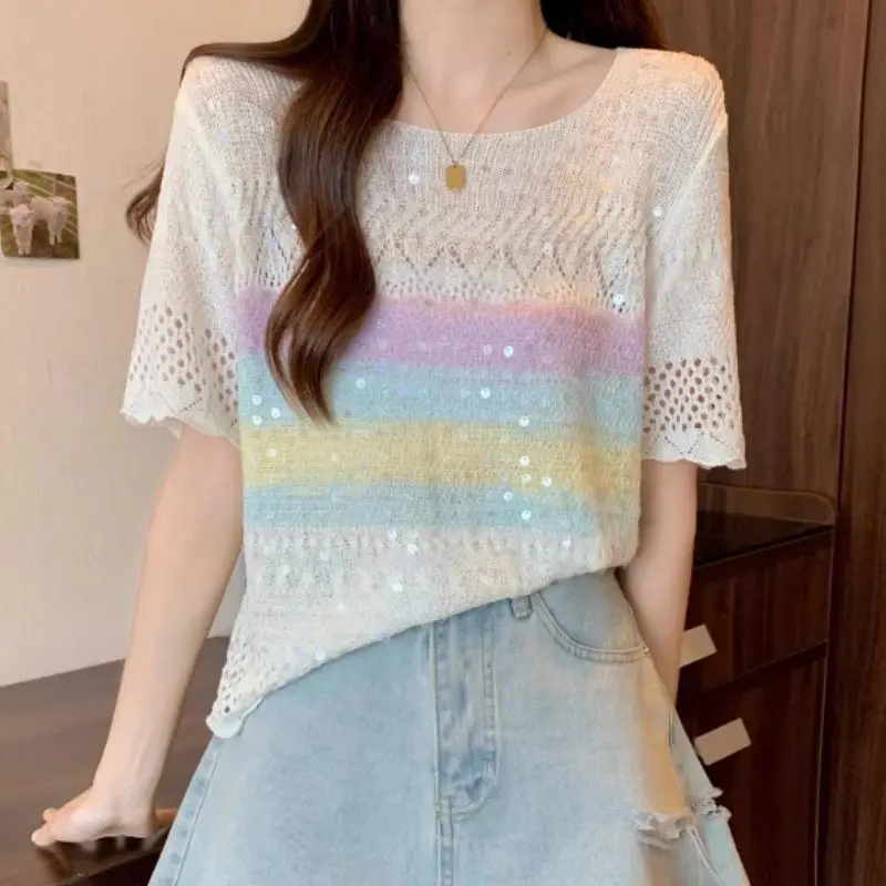 Dopamine Style Rainbow Stripe Crochet Hollow Out Knitted Shiny Short Sleeve Women's T-shirt 2025 Summer New Sequined Chic Top