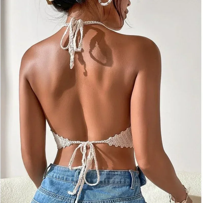 Crop Tops Retro Wild Hollow Perspective Tassel Sexy Spaghetti Strap Tanke Top Women Built In Bra New Back Lace Halter Neck