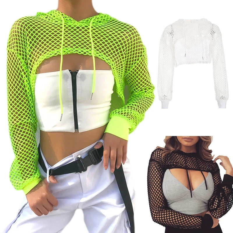 Women Long Sleeve Mesh Fishnet Hoodie Crop Top Neon Solid Color Hollow Out Drawstring Sweatshirt Pullover Cover Up Shrug