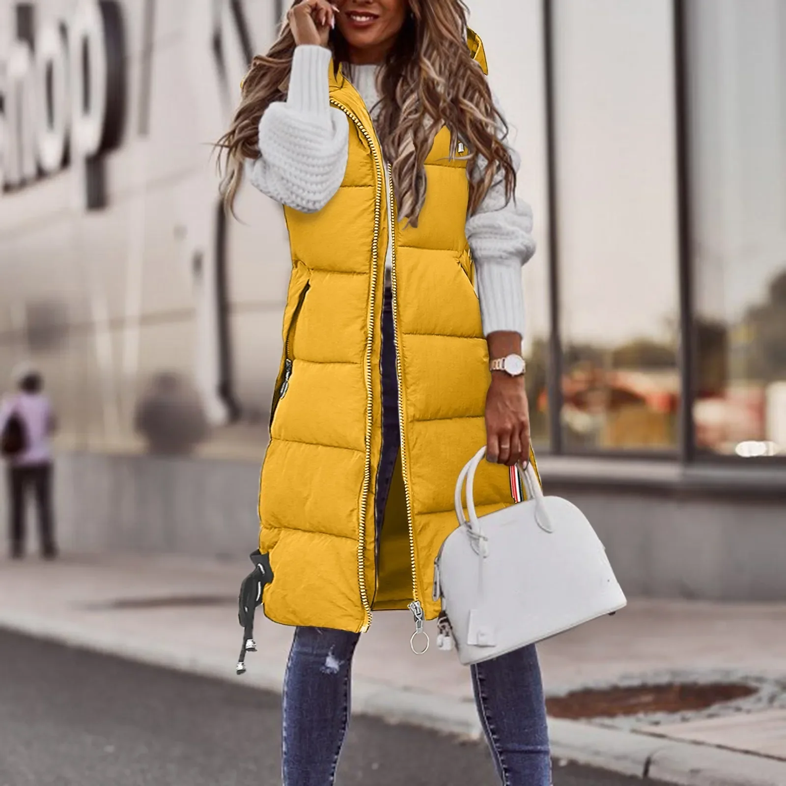 Veste à capuche longue pour femme avec poche zippée, gilets monochromes, manteau d'hiver, 2023