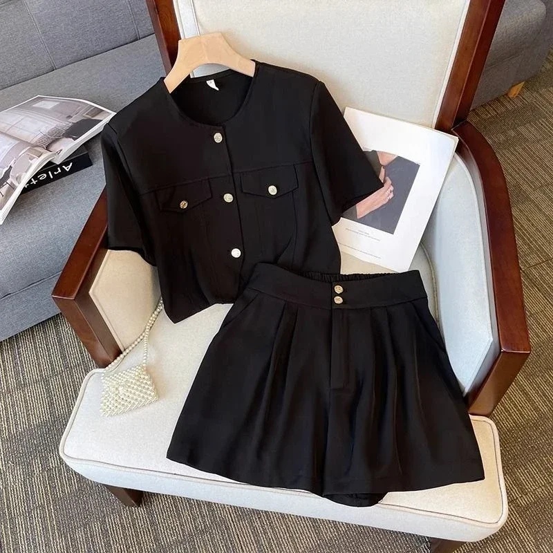 Black Casual Loose Women's Short Sets 2 Pieces Cheap Offers Novelty In Light Female Shorts Summer Fashion Tailor Outfits