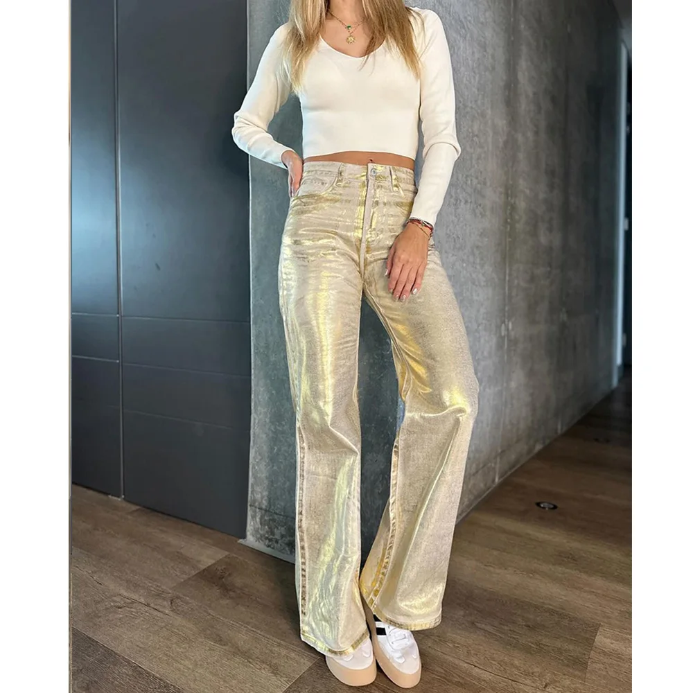 Fashion Metallic Denim Straight Jeans Wide Leg Women High Waist Loose Pants Y2K Oversize Denim Trousers Hip-hop Streetwear