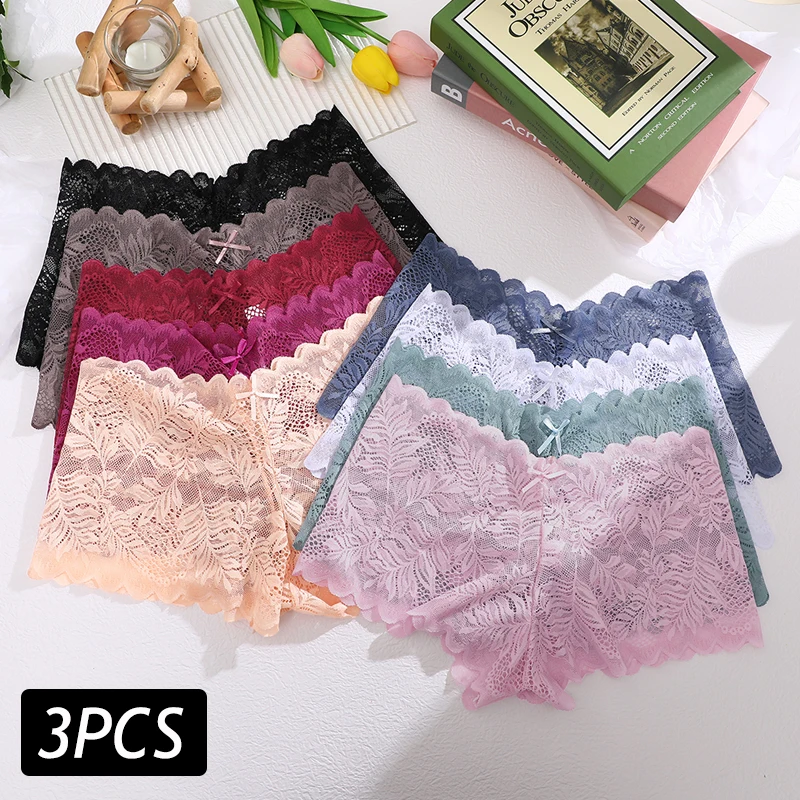 3PCS/Set New Bow Sexy Lace Lingerie For Women V-Waist Floral Perspective Panties Female Underwear Breathable Briefs Bodyshorts