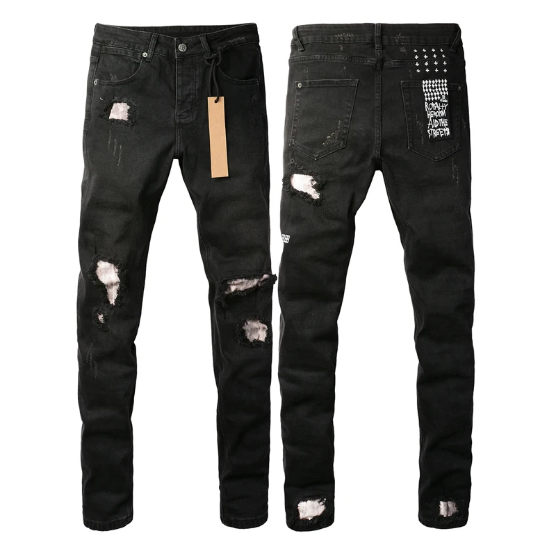 Retro Do Old Black KSUBI Cross Jeans Ripped Patch High Street Hip Hop Style Pencil Trousers Men Casual Straight Leg Denim Pants