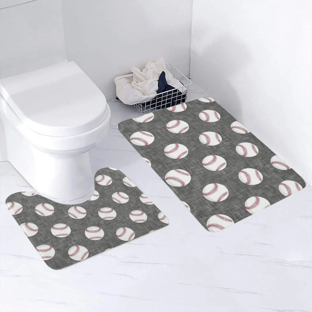 

2 Pieces Non-Slip Bathroom Rug, Soft Microfibers Absorbent Bath Mat, Baseballs Grey Machine Washable