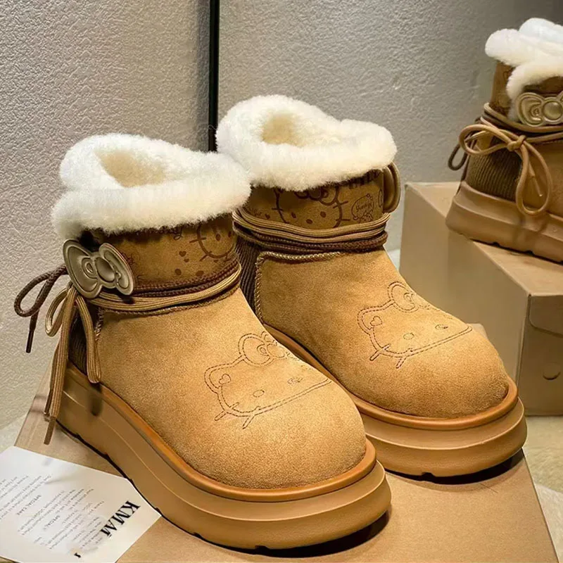 

Зимние зимние сапоги из овчины Hello Kitty для девочек, плюшевые утепленные ботильоны, милые новые модели, нескользящая хлопковая обувь на толстой подошве