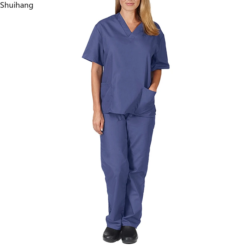 V-neck enfermeira uniforme para pet grooming, ternos médicos, enfermagem esfrega, roupas de trabalho, manga curta tops e calças, salão spa uniforme