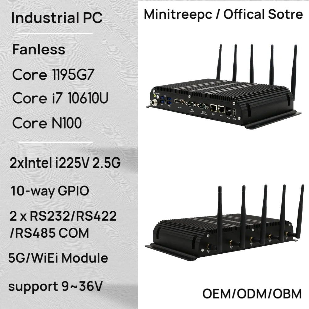 Intel Core i9 1195G7 كمبيوتر صناعي متين بدون مروحة 10 اتجاهات GPIO RS232/RS485 COM Dual 2.5G N100 كمبيوتر مضمن للمحطات 5G