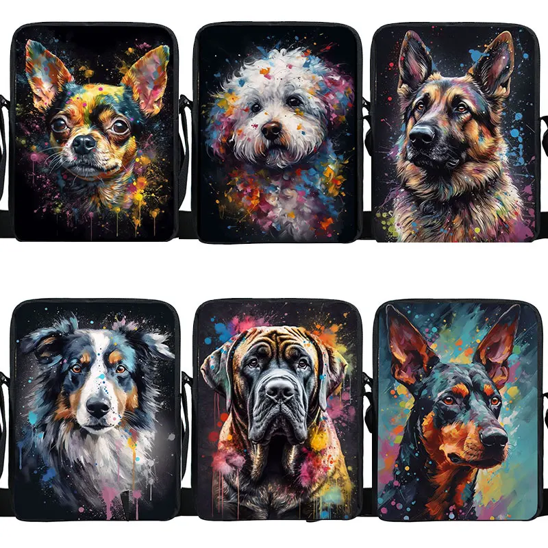 Watercolor Graffiti Dogs Printing Crossbody Bag German Shepherd Doberman Shoulder Bags for Travel Teenage Male Messenger Bag