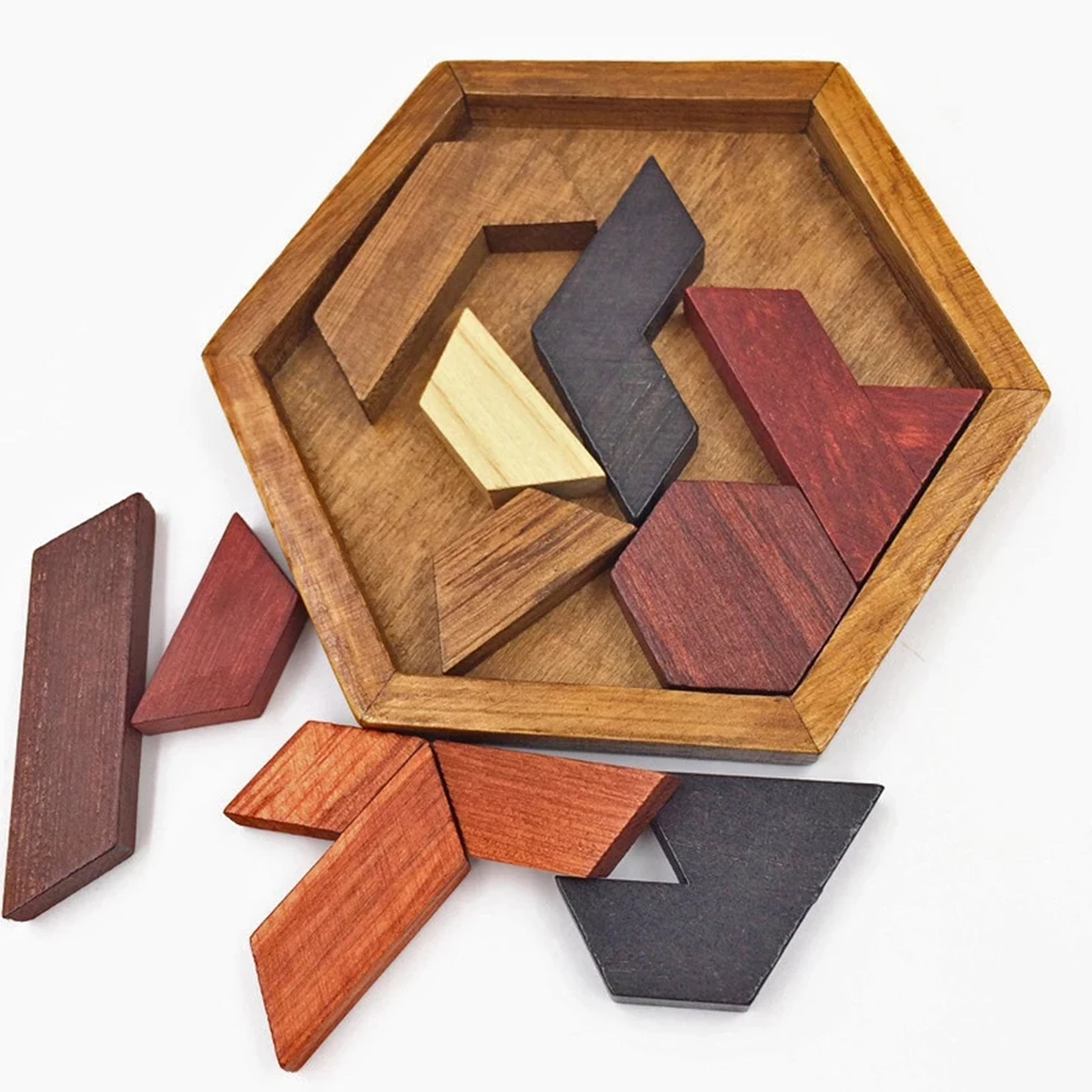 Wooden Hexagonal Geometric Shape Tangram Board IQ Brain Teaser Puzzles Board Educational Toys Children Kids Adults Puzzle Game