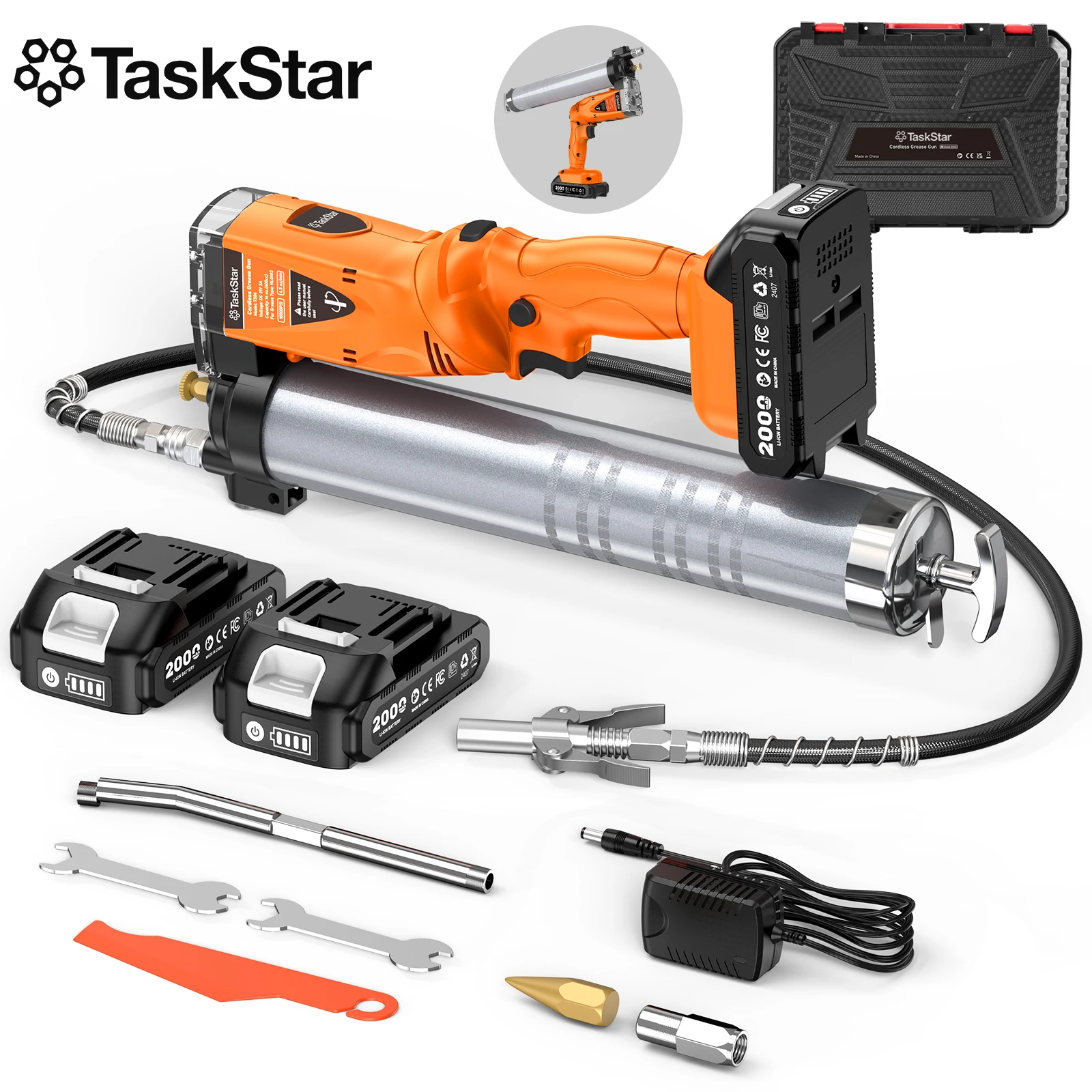 TaskStar pistolet à graisse électrique 2 en 1, 10000PSI, tuyau de 39.4 pouces, pistolet à graisse automatique sans fil pour l'entretien des machines lourdes d'atelier agricole