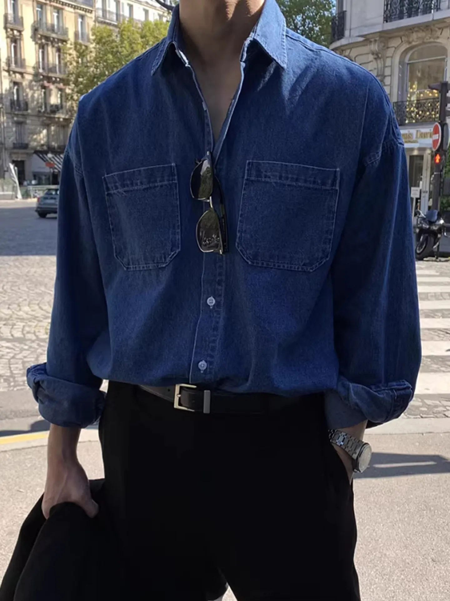 Loose Fit Long Sleeve Collared Denim Shirt Men's  Color Spring Autumn New Style Fashionable Korean Version Casual Shirt