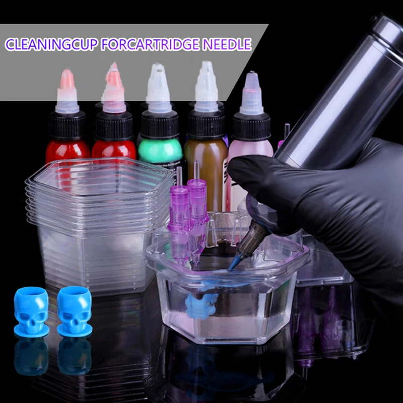 20Pcs/Box Hexagon Disposable Tattoo Needle Cartridge Holder Plastic Ink Cleaning Cup Tray