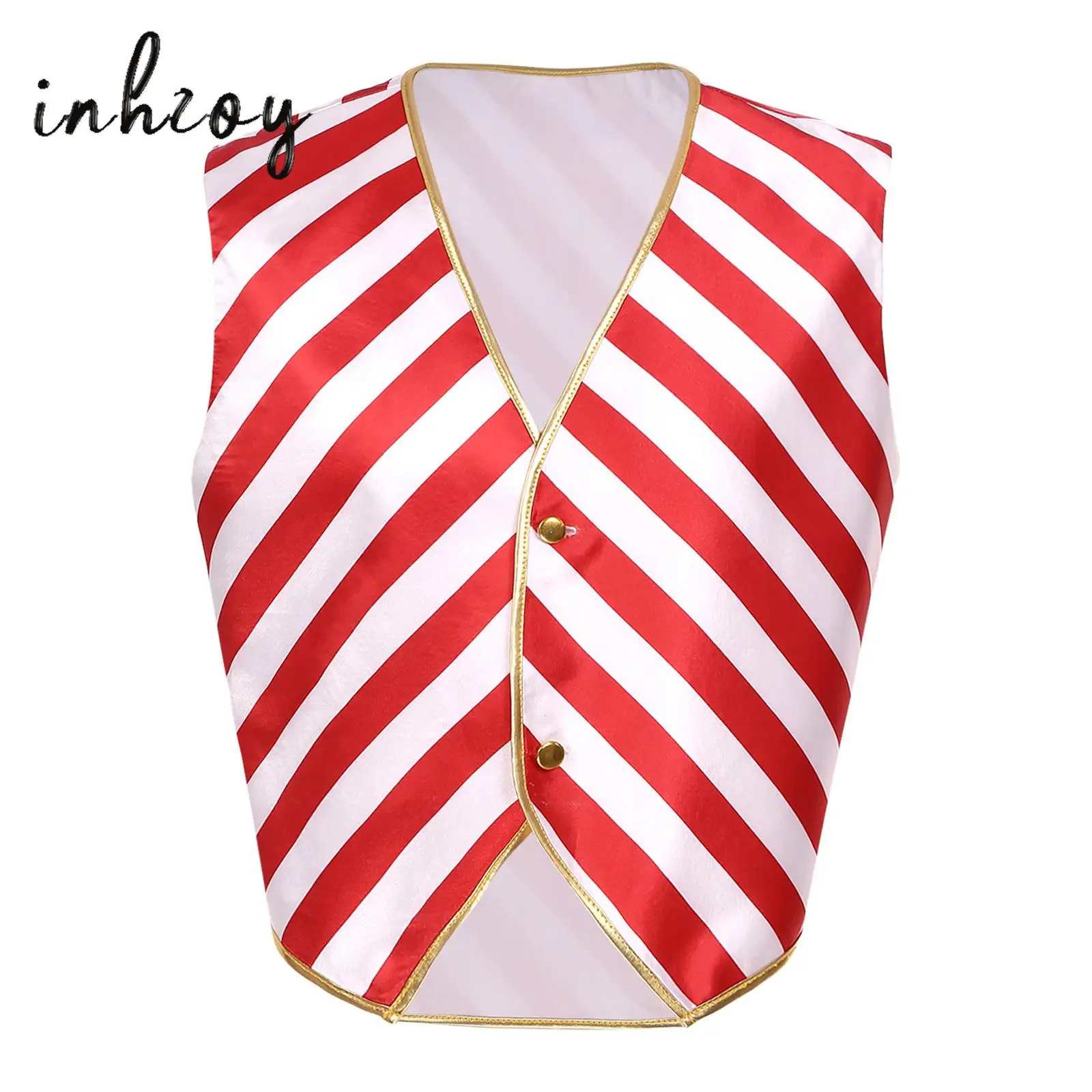 

Red White Candy Cane Striped Santa Claus Waistcoat V Neck Buttons Vest Jacket for Mens New Year Theme Party Fancy Dress Up