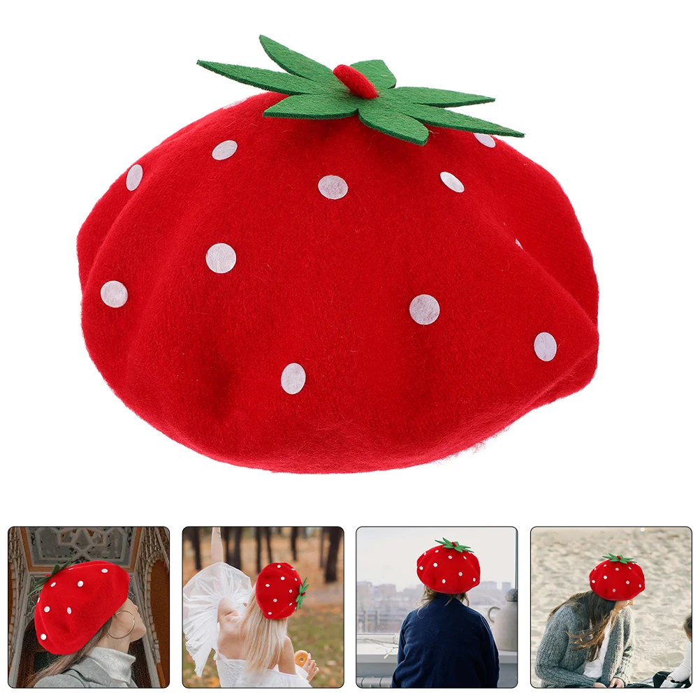 Strawberry Beret Wool Cap Bonnet Starwberry Hat Strawberries Kawaii Hats Fruit Costume Women French