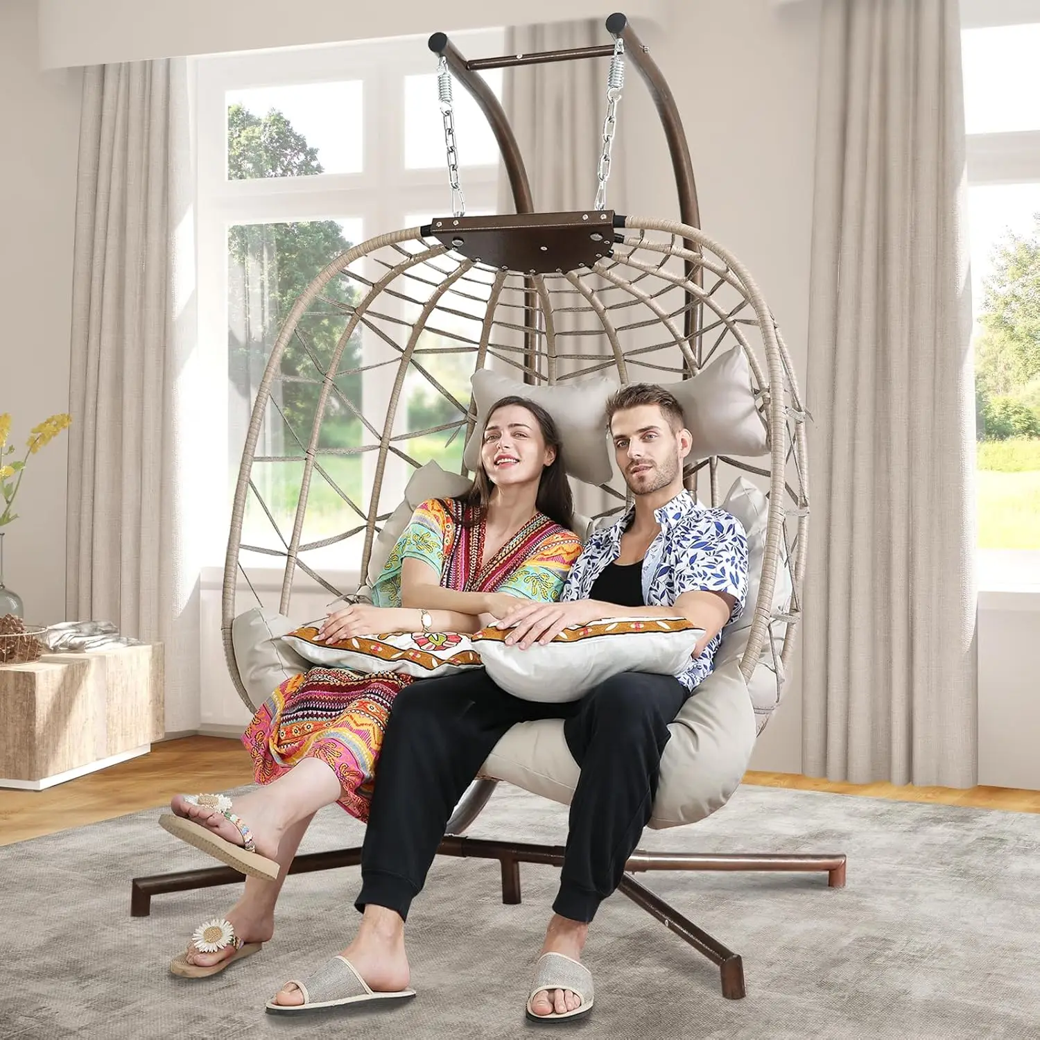 

2 Person Wicker Swing Double Egg Chair with Stand Rattan Wicker Hanging Egg Chair Hammock Chair with Cushion and Pillow