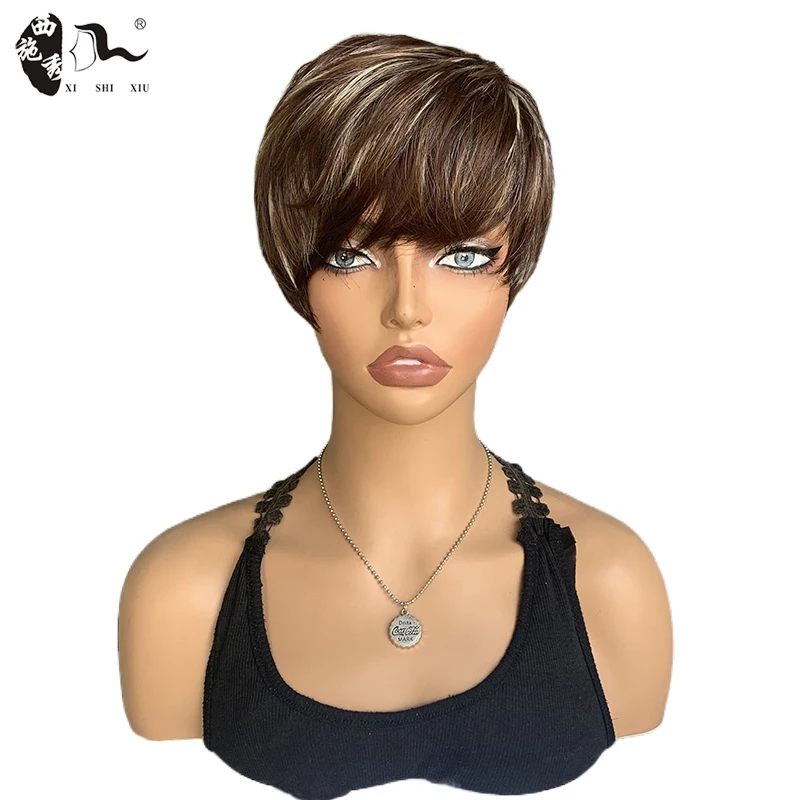 Short Mixed Brown Pixie Cut Synthetic Wig With Fluffy Bangs Natural Straight Layered Wig For Women Heat Resistant Hair Daily Wig