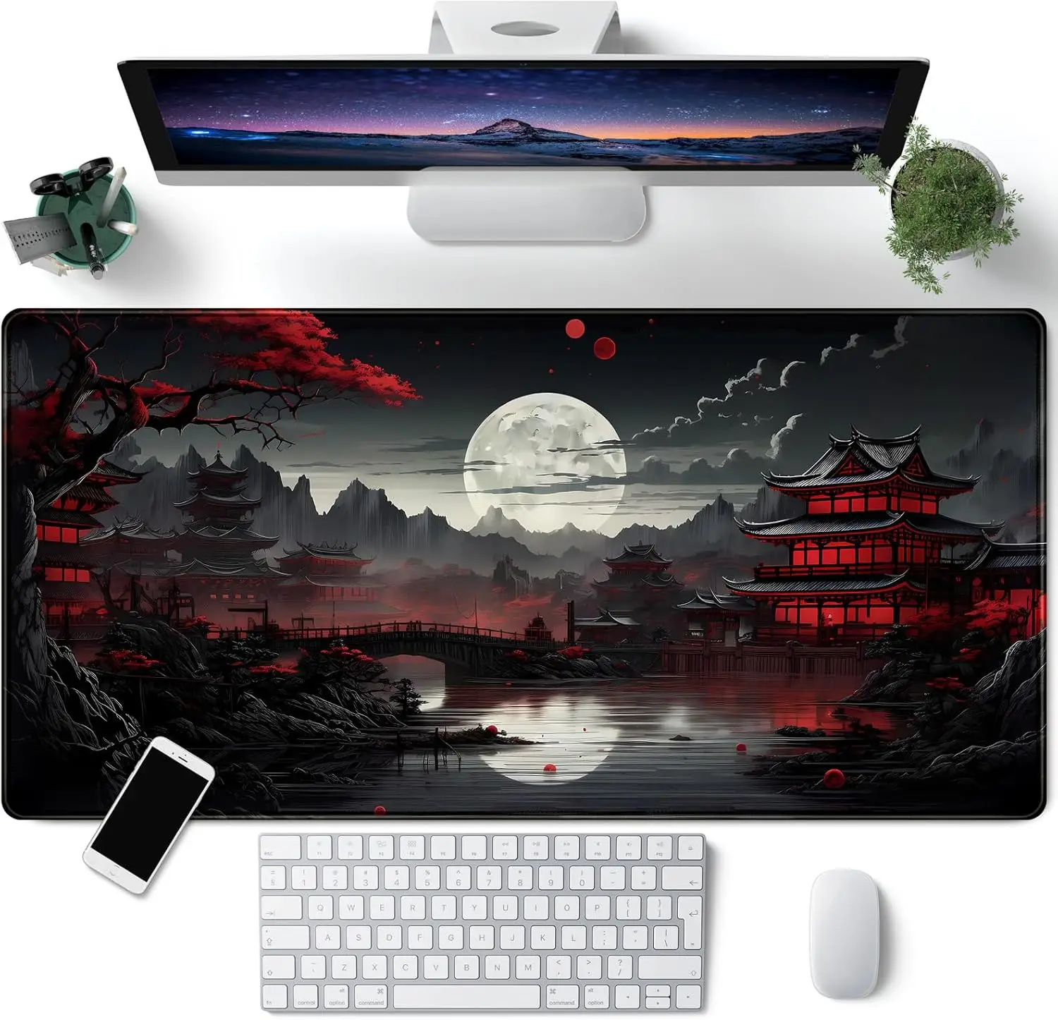 Japanese Desk Mat Riverside Full Moon Desk Pad Large Mouse Pad Gaming Mousepad XXL Keyboard Pad Computer for Office Desk Decor