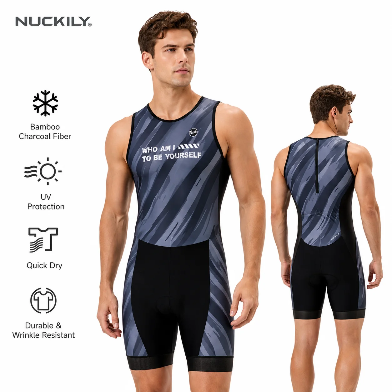 NUCKILY Herren Triathlon-Anzug Bambuskohle UV-Schutz Schnelltrocknend Hochelastisch Leichtgewicht Kompressions-Trisuit mit Polsterung für Radfahren