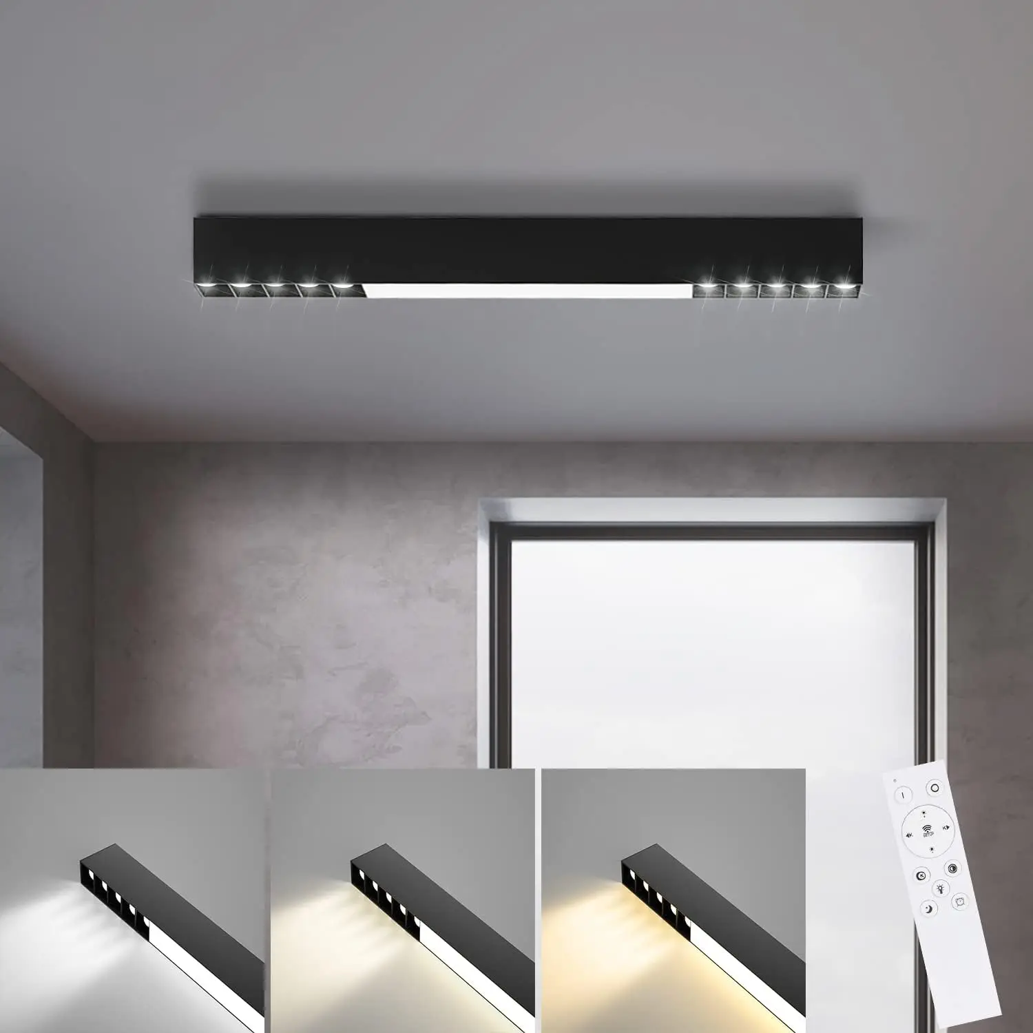 Deckenlampe LED Deckenleuchte Schlafzimmer - 30W Bürolampe Decke 53CM Lang Küchenlampe Schwarz Dimmbar mit Fernbedienung Wohnzimmerlampe Modern Büro Deckenbeleuchtung für Wohnzimmer Flur