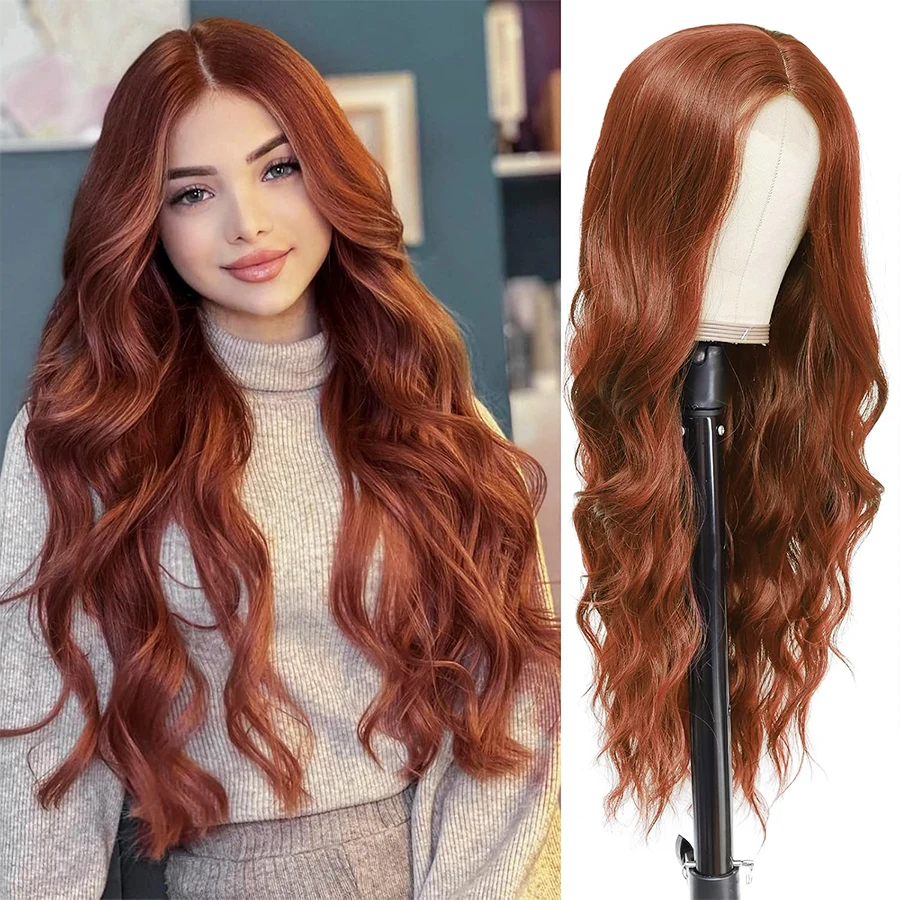 Long Auburn Wavy Wig for Women 24 Inch Curly Wavy Wig Natural Looking Synthetic Heat Resistant Fiber Wig for Daily Party Use