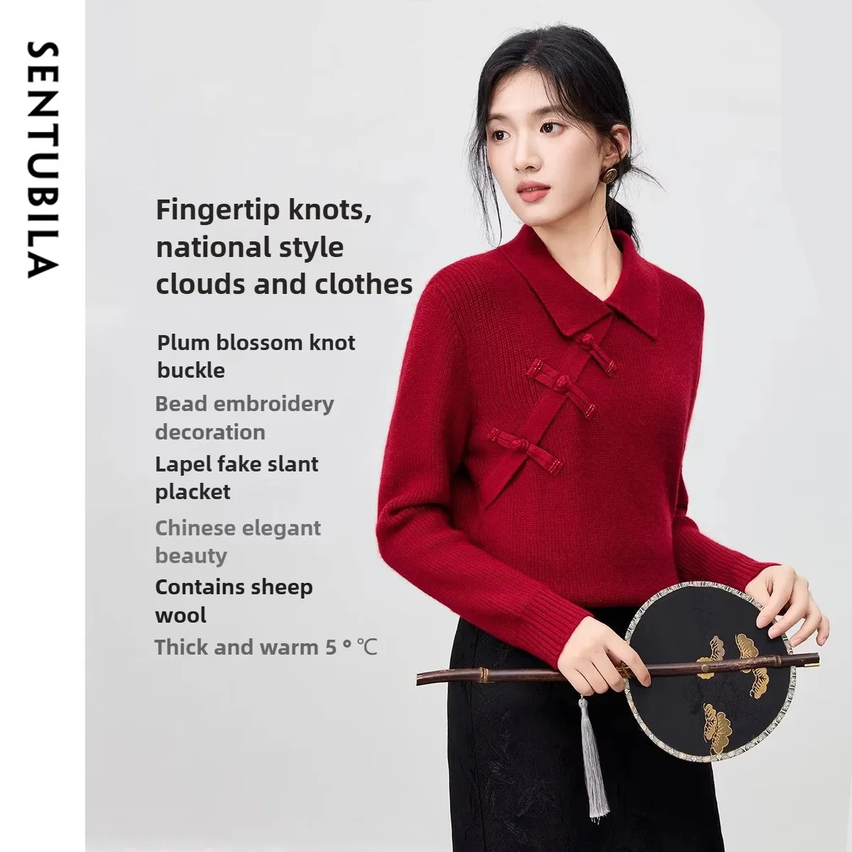 SENTUBILA Chinesischen Stil Elegante Pullover Frauen 2025, Herbst Solide Drehen Unten Kragen Pullover Lose Gestrickte Weibliche Tops W54EH3989