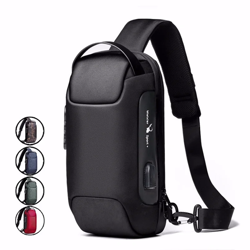 Men Sling Backpack Rucksack Crossbody Bag with USB Charge Port Anti-theft Travel Male Motorcycle Rider Side Shoulder Chest Bags