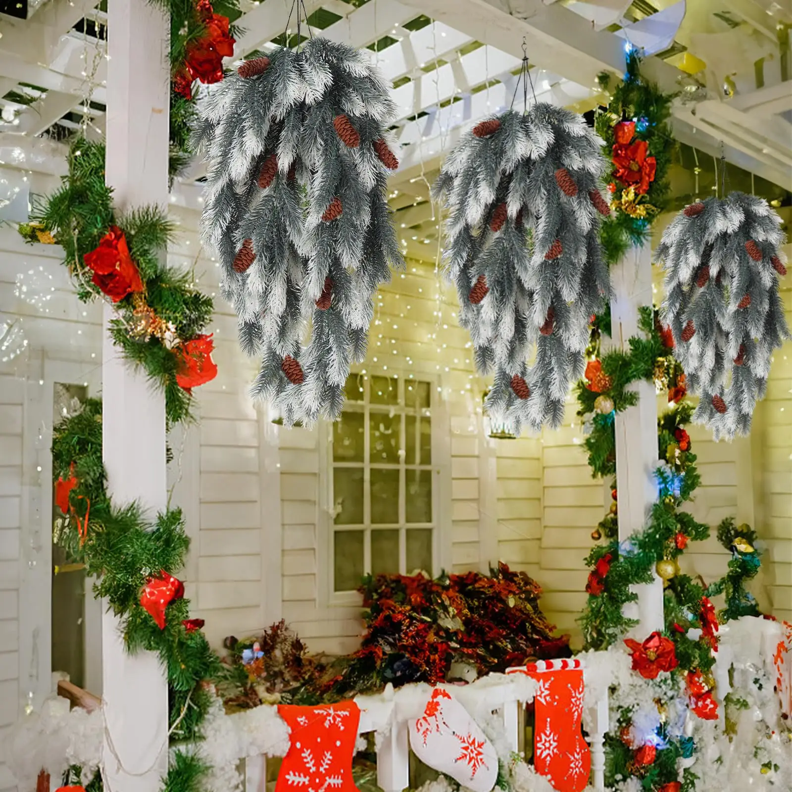 1 Stück künstliche Tannennadeln zum Aufhängen, Ranke mit künstlichem Tannenzapfen aus Kunststoff, künstliche Pflanzen für Weihnachtsfeier, Zuhause, drinnen und draußen – Detail 6