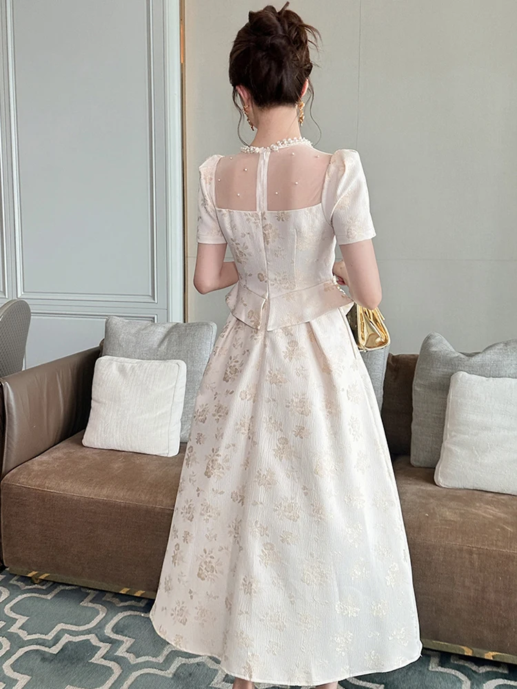 Women's French Luxury Noble Long Dress for Woman Sweet Sheer Mesh Splice Pearl Swing Robe Pockets Prom Party Vestidos Banquet