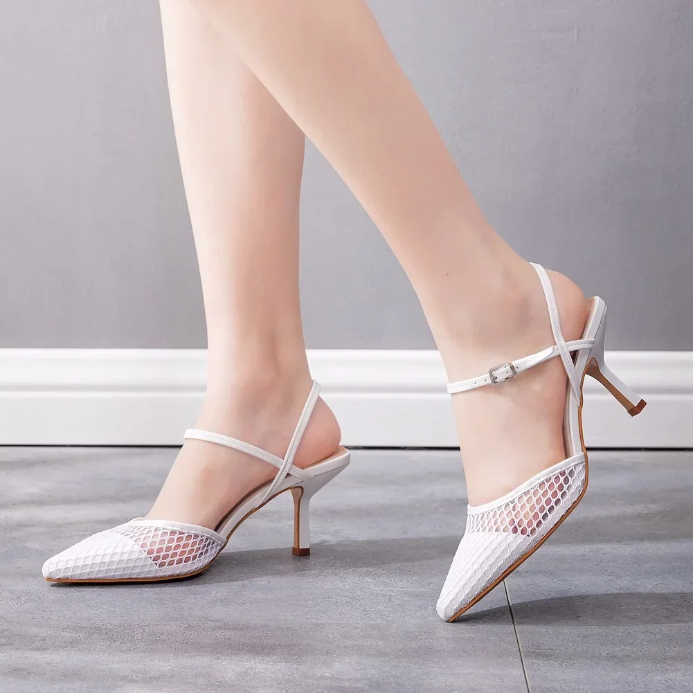 Sandals Women Pumps New Heeled Shoes Party Mesh Air mesh 7CM Thin Heels Fashion Office Ladies Woman Shoes White High Heels