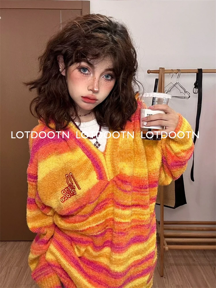 LOTDOOTN strisce colorate felpa con cappuccio lavorata a maglia allentata donna Y2K maglioni invernali Vintage Casual coreano Harajuku Pullover