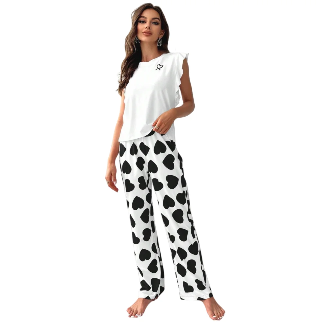 

Black Heart-shaped Print Pajamas for Women Home Wear Set Lotus Leaf Sleeve Shirts and Long Pants Nightgown Christmas Gifts