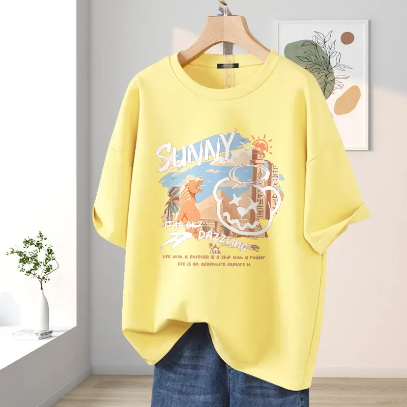 Summer Y2k Cartoon Printed O-neck Short Sleeve Top Tee, Women Clothing Vintage 100% Cotton T-shirt, Casual Loose Basic Pullovers