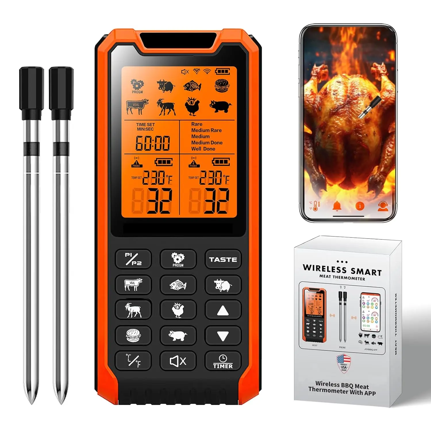 

Long Range Wireless Meat Thermometer with Dual Probes for BBQ Grill, Oven, Smoker, Air Fryer