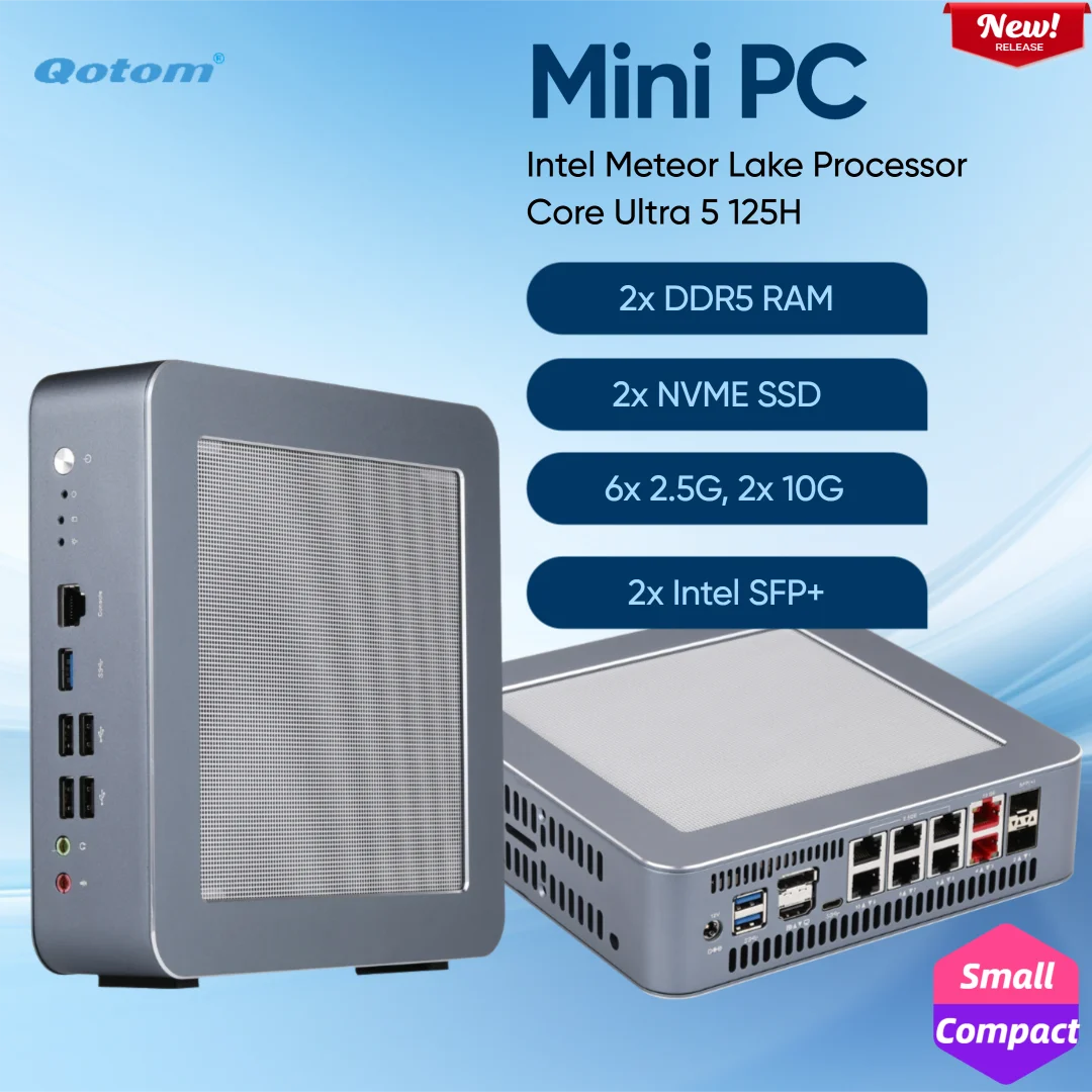 Qotom Mini PC Q51551VT CPU Intel Core Ultra 5 125H 14 núcleos 18M caché 2x10G LAN/6x 2,5G LAN/2x10G SFP+, enrutador DIY VM PC