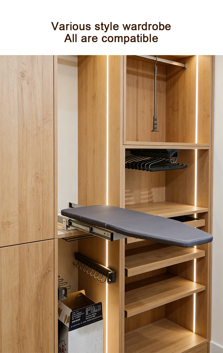 EU-Lager-Versand: Ausziehbarer Bügelbrett-Schrank mit integriertem, leicht drehbarem Bügelständer mit Dämpfung, platzsparendes, verstecktes Design, zusammenklappbares, drehbares Bügelbrett, empfohlen von Designern, Weihnachtsgeschenk. – Detail 5