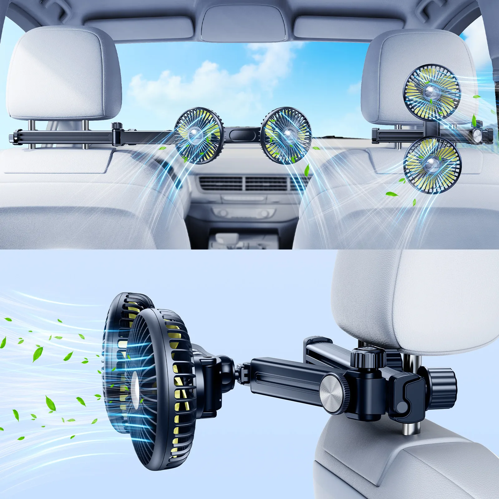 Hipacool Dual-Head Fan for Car Headrest 360° Rotation Air Cooling Fan with Extension Arm Adjustable 3-Speed Wind Brushless Fan