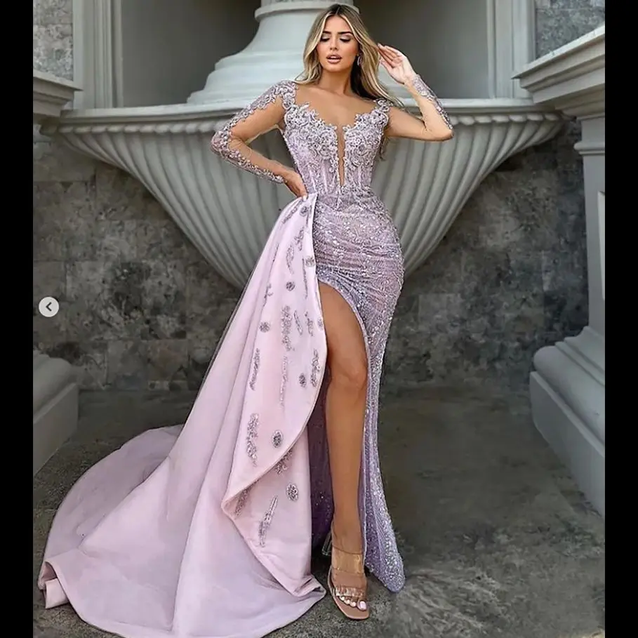 Pink Long sleeved Split Evening Dress New Fashionable and Elegant Decal Ladies Formal Occasion Gown vestidos de noche