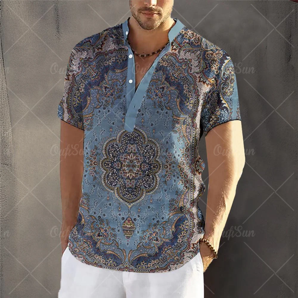 Luxury Men\'s T-Shirts Hawaiian Shirt Short Sleeve Top 3D Print Clothing Oversized Cardigan Apparel Retro Streetwear Men\'s Henley