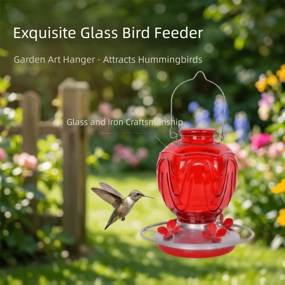 360° Perch Ring Glass Hummingbird Feeder Weather Resistant Leak-Proof Bird Automatic Feeder with 5 Flower Ports