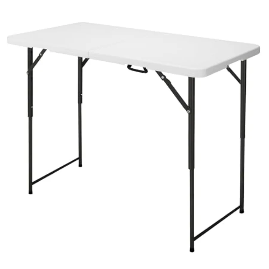 4ft Folding Table, Portable Fold-in-Half Adjustable Height Utility Table for Indoor/Outdoor Use, Durable HDPE and Steel, Stable