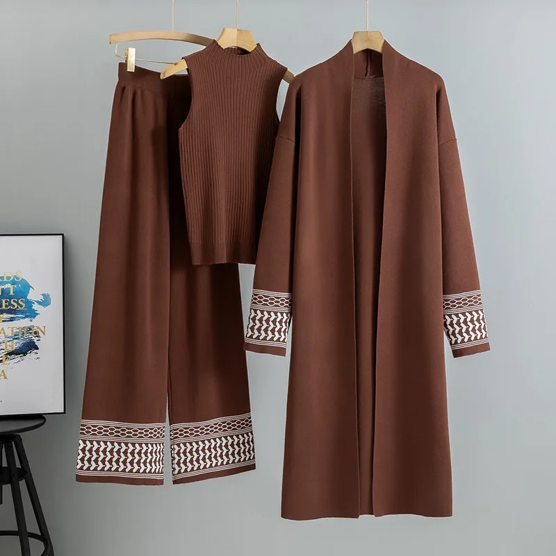 

Korean Design Elegant Knitted 3 Piece Sets High Waist Wide Leg Pants Outfit Women Knit Vest Sweater Long Cardigan Tops Conjuntos